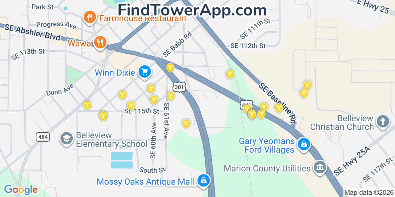 Map showing the 20 primary cell tower locations detected in Belleview, Florida from AT&T, Verizon, and T-Mobile networks
