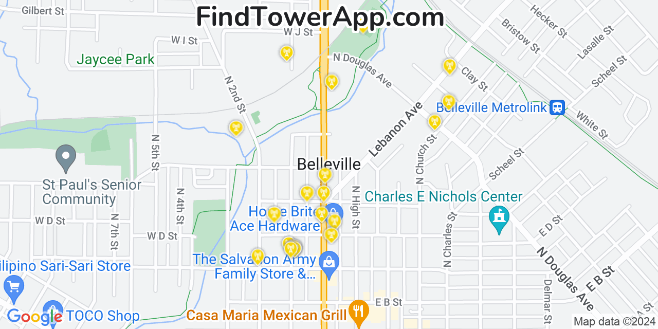 AT&T 4G/5G cell tower coverage map Belleville, Illinois