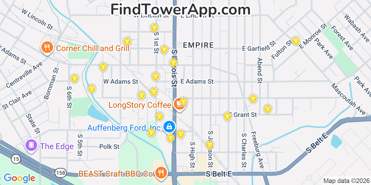 Map showing the 20 primary cell tower locations detected in Belleville, Illinois from AT&T, Verizon, and T-Mobile networks