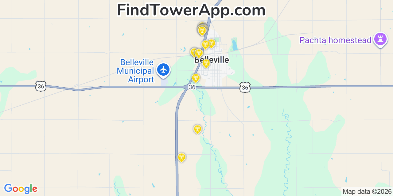 Map showing the 20 primary cell tower locations detected in Belleville, Kansas from AT&T, Verizon, and T-Mobile networks