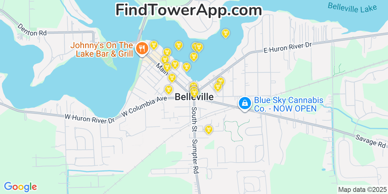 Map showing the 20 primary cell tower locations detected in Belleville, Michigan from AT&T, Verizon, and T-Mobile networks