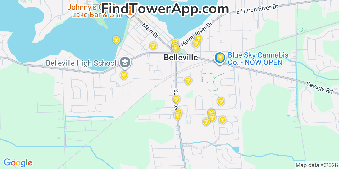Map showing the 20 primary cell tower locations detected in Belleville, Michigan from AT&T, Verizon, and T-Mobile networks