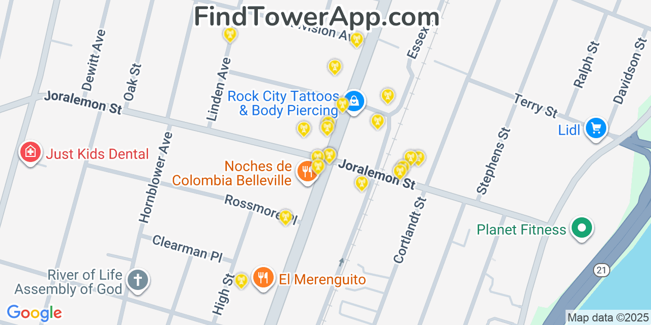 Map showing the 20 primary cell tower locations detected in Belleville, New Jersey from AT&T, Verizon, and T-Mobile networks