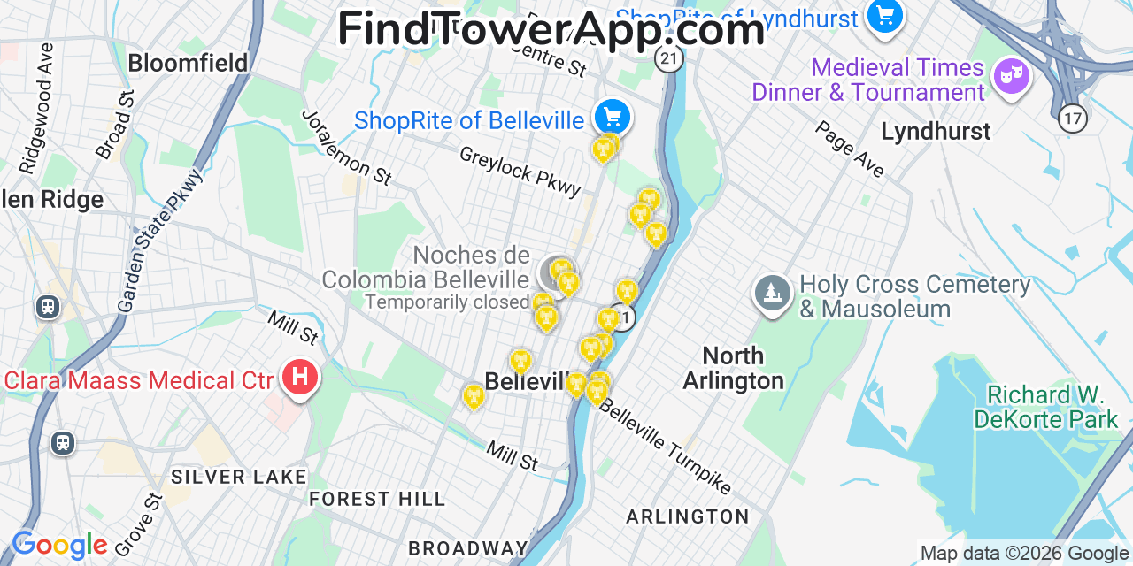 Map showing the 20 primary cell tower locations detected in Belleville, New Jersey from AT&T, Verizon, and T-Mobile networks