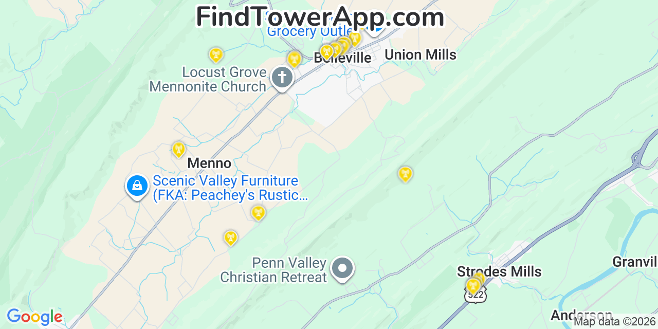 Map showing the 20 primary cell tower locations detected in Belleville, Pennsylvania from AT&T, Verizon, and T-Mobile networks
