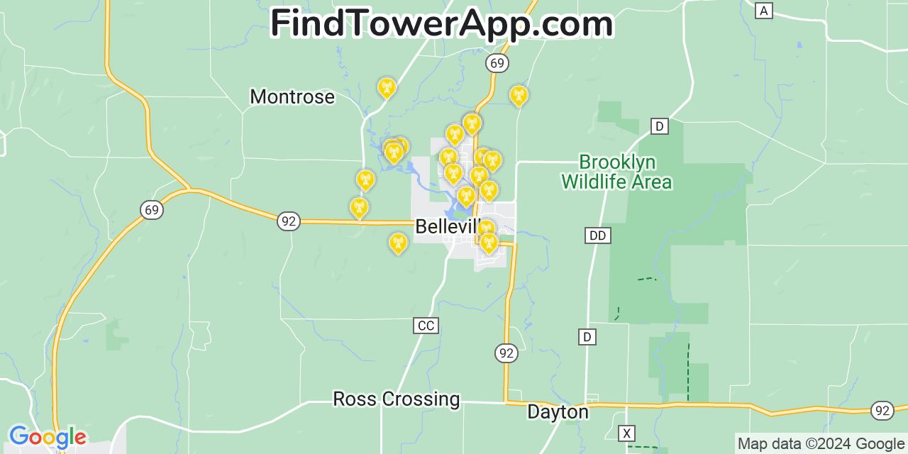 AT&T 4G/5G cell tower coverage map Belleville, Wisconsin