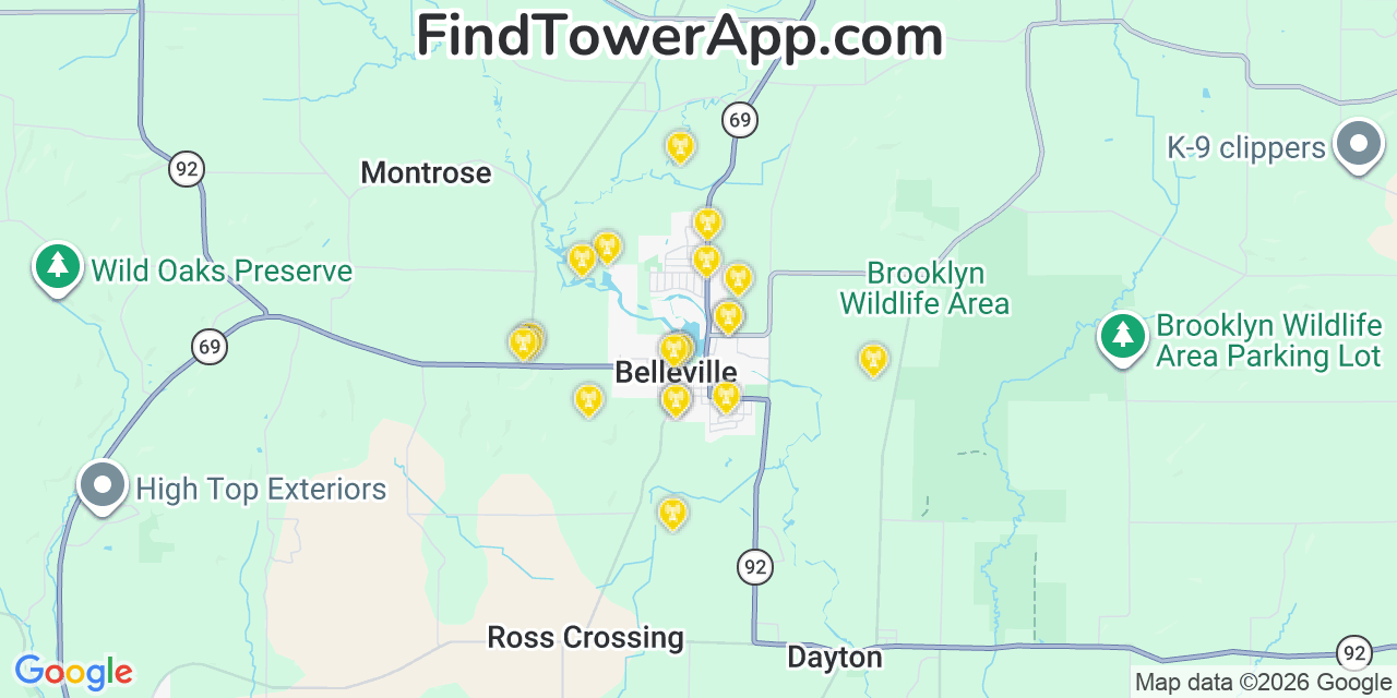 Map showing the 20 primary cell tower locations detected in Belleville, Wisconsin from AT&T, Verizon, and T-Mobile networks
