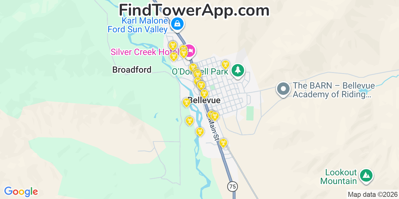Map showing the 20 primary cell tower locations detected in Bellevue, Idaho from AT&T, Verizon, and T-Mobile networks