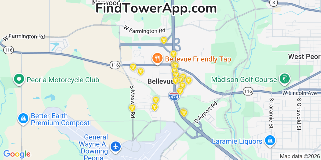 Map showing the 20 primary cell tower locations detected in Bellevue, Illinois from AT&T, Verizon, and T-Mobile networks