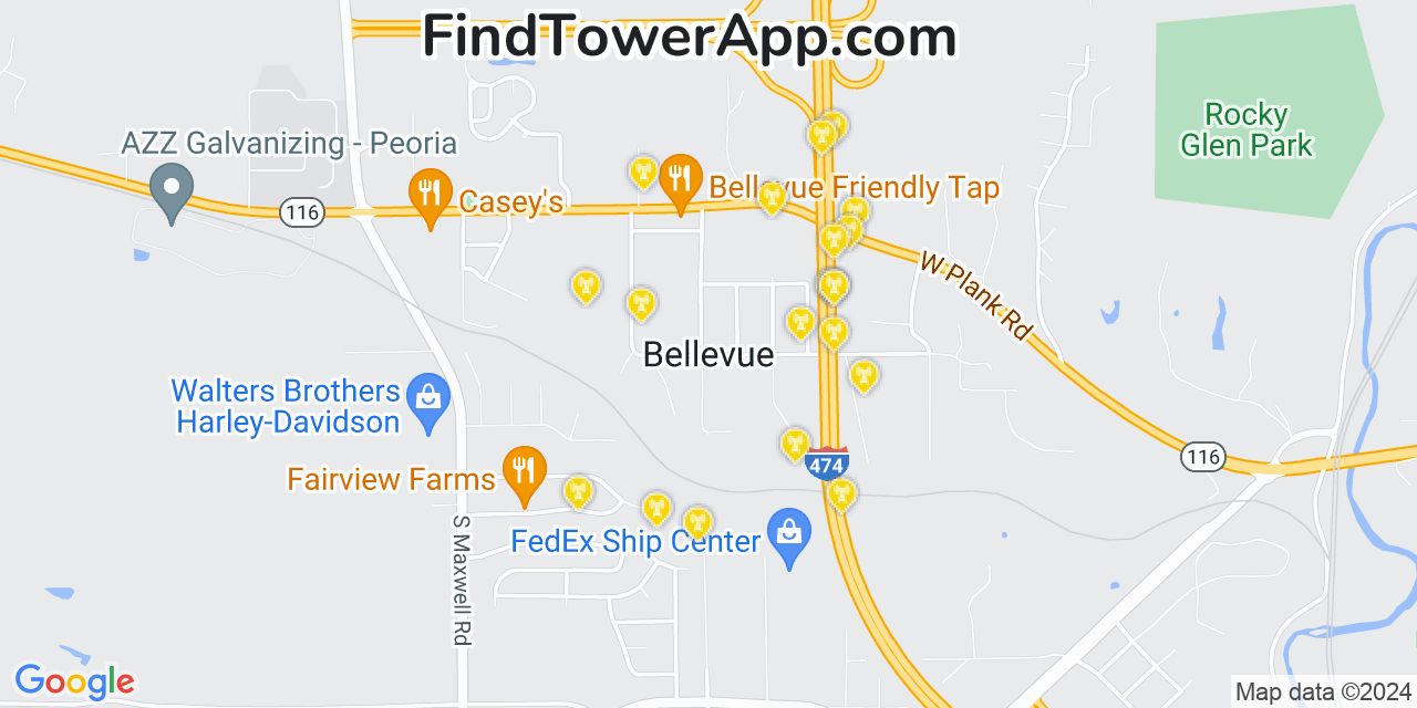 Verizon 4G/5G cell tower coverage map Bellevue, Illinois