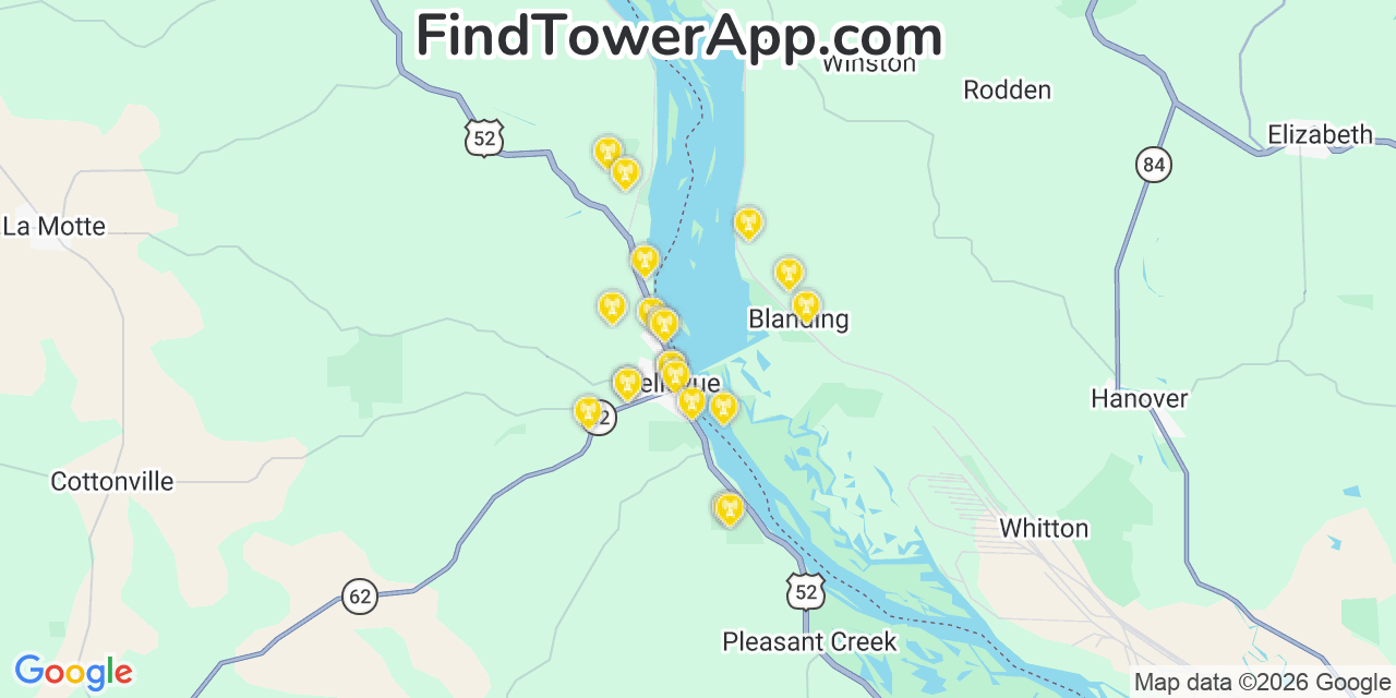 Map showing the 20 primary cell tower locations detected in Bellevue, Iowa from AT&T, Verizon, and T-Mobile networks