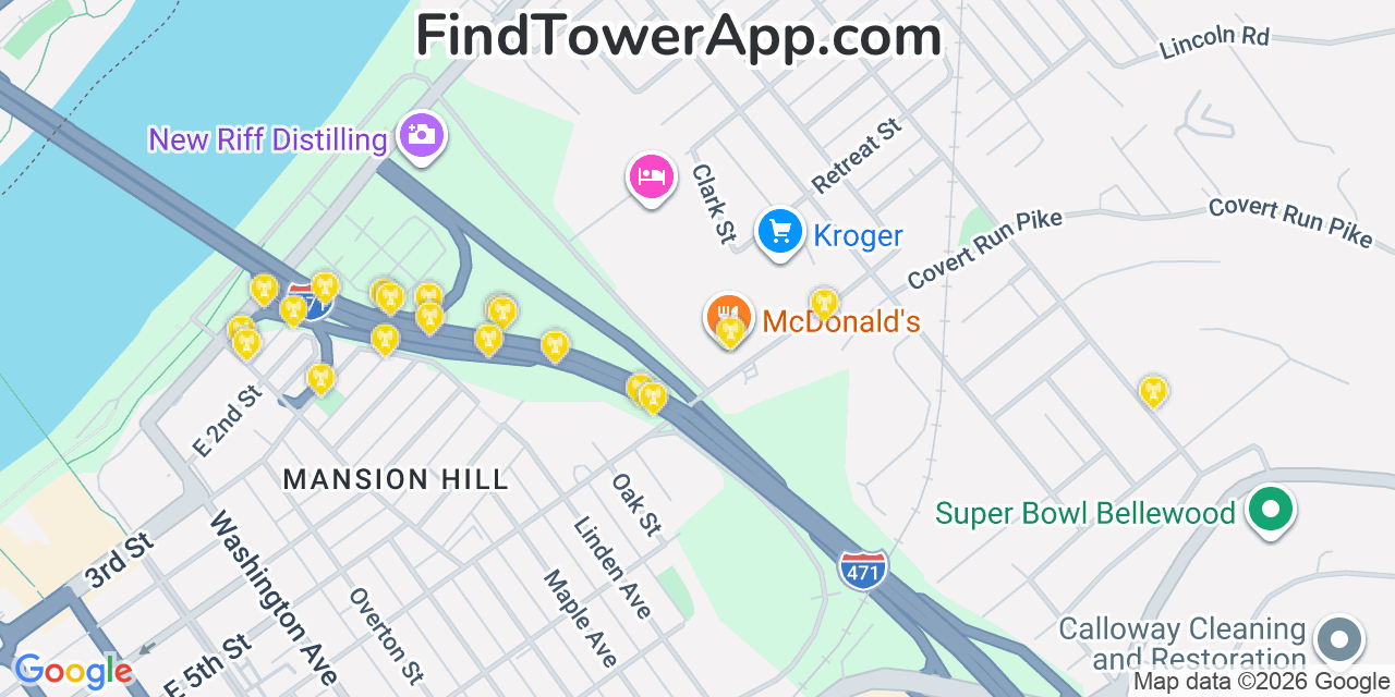 Map showing the 20 primary cell tower locations detected in Bellevue, Kentucky from AT&T, Verizon, and T-Mobile networks
