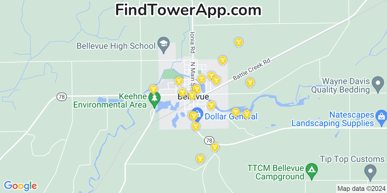 AT&T 4G/5G cell tower coverage map Bellevue, Michigan