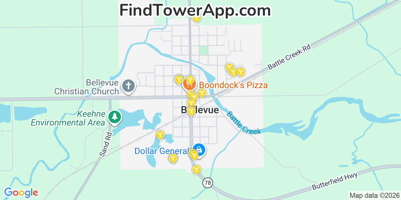 Map showing the 20 primary cell tower locations detected in Bellevue, Michigan from AT&T, Verizon, and T-Mobile networks