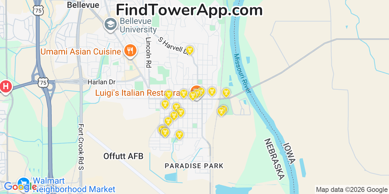 Map showing the 20 primary cell tower locations detected in Bellevue, Nebraska from AT&T, Verizon, and T-Mobile networks