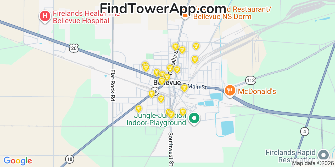 Map showing the 20 primary cell tower locations detected in Bellevue, Ohio from AT&T, Verizon, and T-Mobile networks