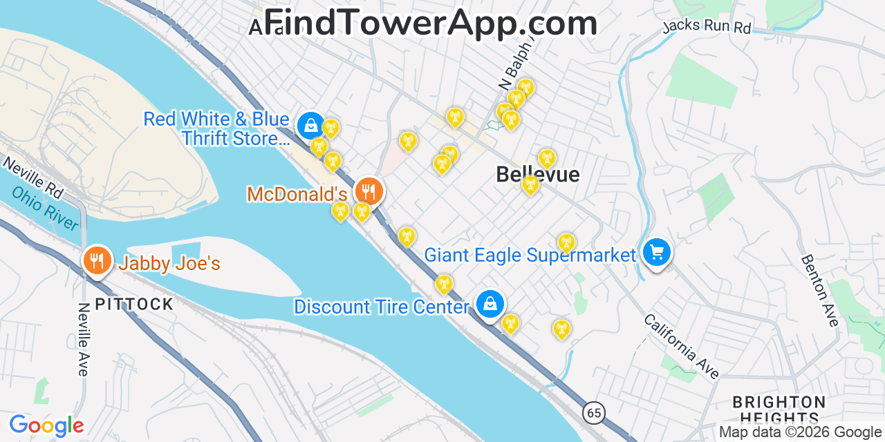 Map showing the 20 primary cell tower locations detected in Bellevue, Pennsylvania from AT&T, Verizon, and T-Mobile networks