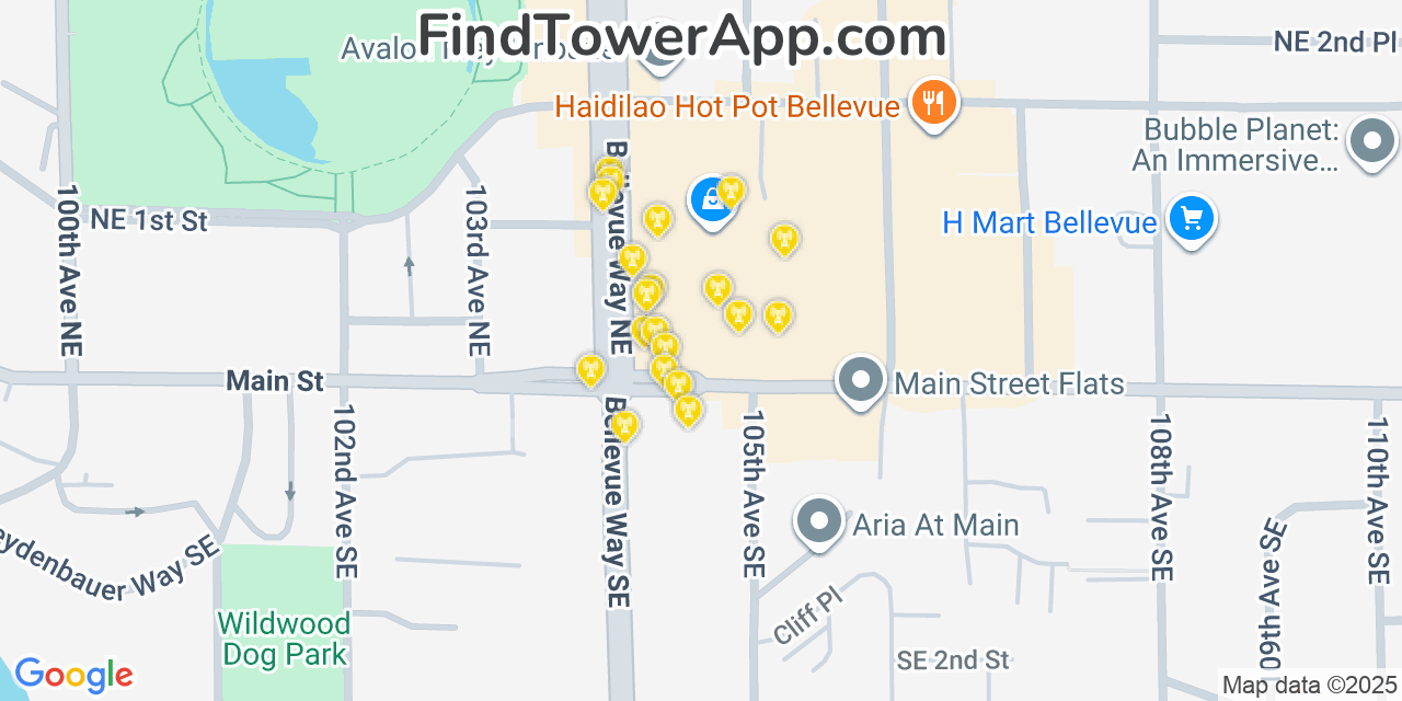 Map showing the 20 primary cell tower locations detected in Bellevue, Washington from AT&T, Verizon, and T-Mobile networks