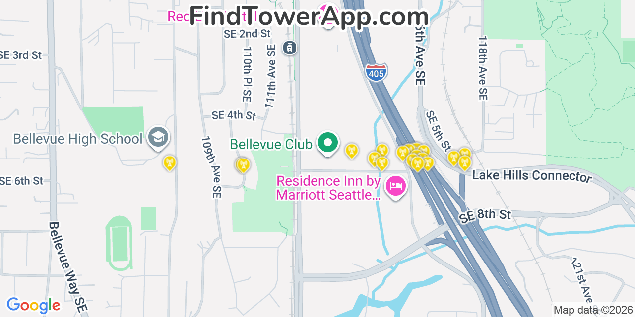 Map showing the 20 primary cell tower locations detected in Bellevue, Washington from AT&T, Verizon, and T-Mobile networks