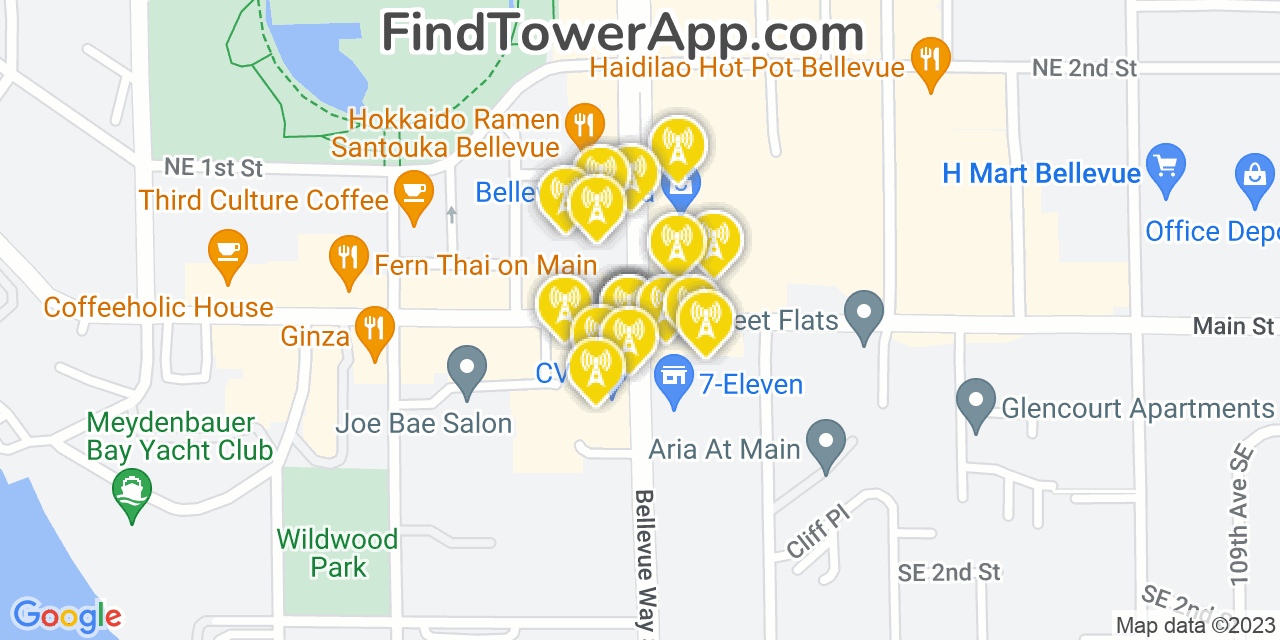 Verizon 4G/5G cell tower coverage map Bellevue, Washington