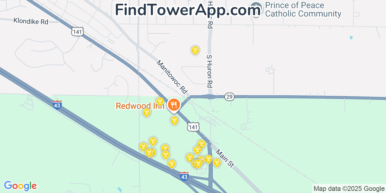 Map showing the 20 primary cell tower locations detected in Bellevue, Wisconsin from AT&T, Verizon, and T-Mobile networks