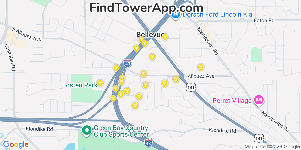 Map showing the 20 primary cell tower locations detected in Bellevue, Wisconsin from AT&T, Verizon, and T-Mobile networks
