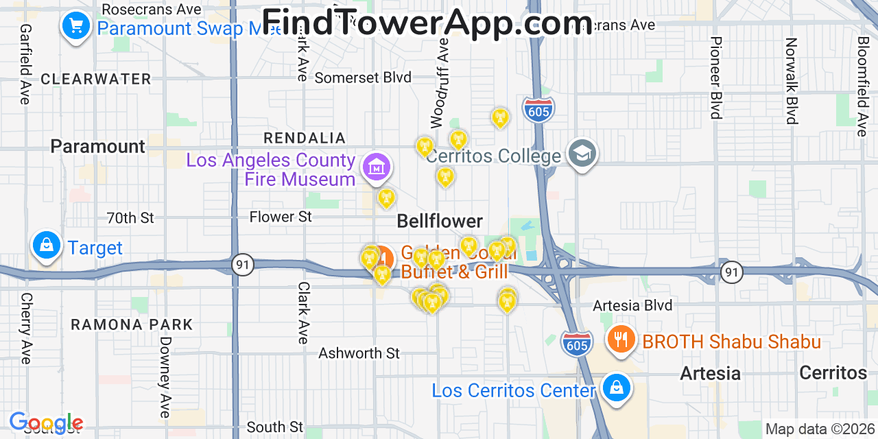 Map showing the 20 primary cell tower locations detected in Bellflower, California from AT&T, Verizon, and T-Mobile networks