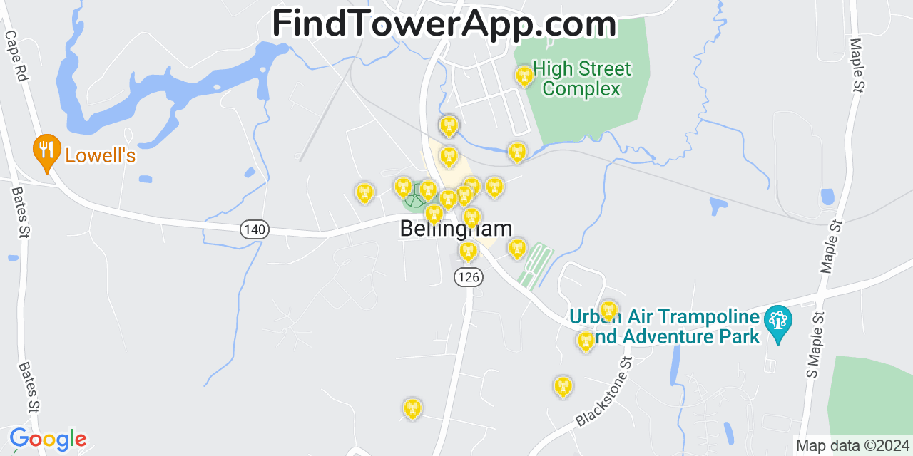 AT&T 4G/5G cell tower coverage map Bellingham, Massachusetts