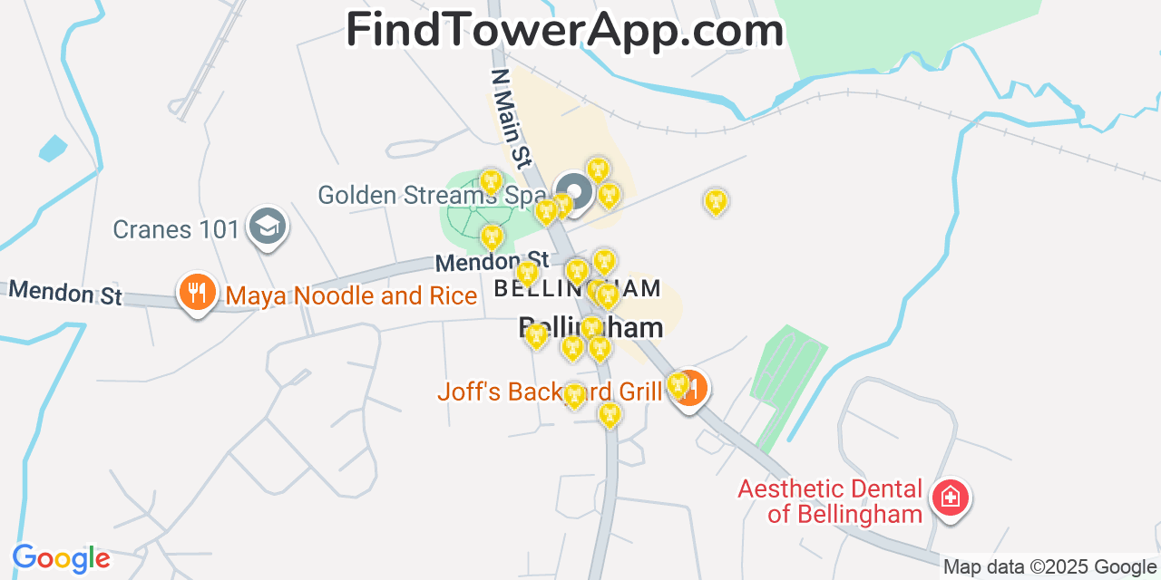 Map showing the 20 primary cell tower locations detected in Bellingham, Massachusetts from AT&T, Verizon, and T-Mobile networks
