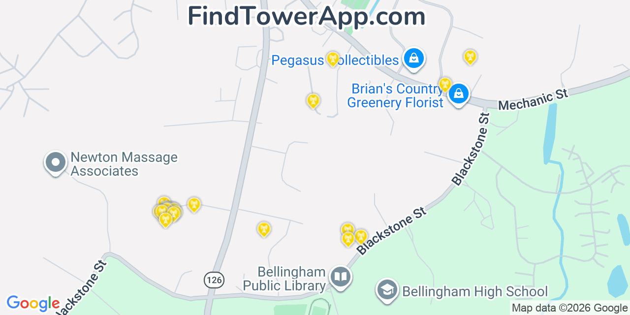 Map showing the 20 primary cell tower locations detected in Bellingham, Massachusetts from AT&T, Verizon, and T-Mobile networks