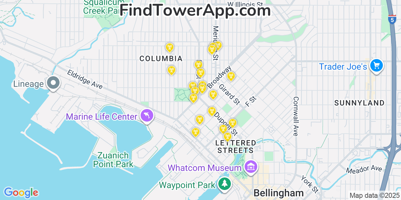Map showing the 20 primary cell tower locations detected in Bellingham, Washington from AT&T, Verizon, and T-Mobile networks