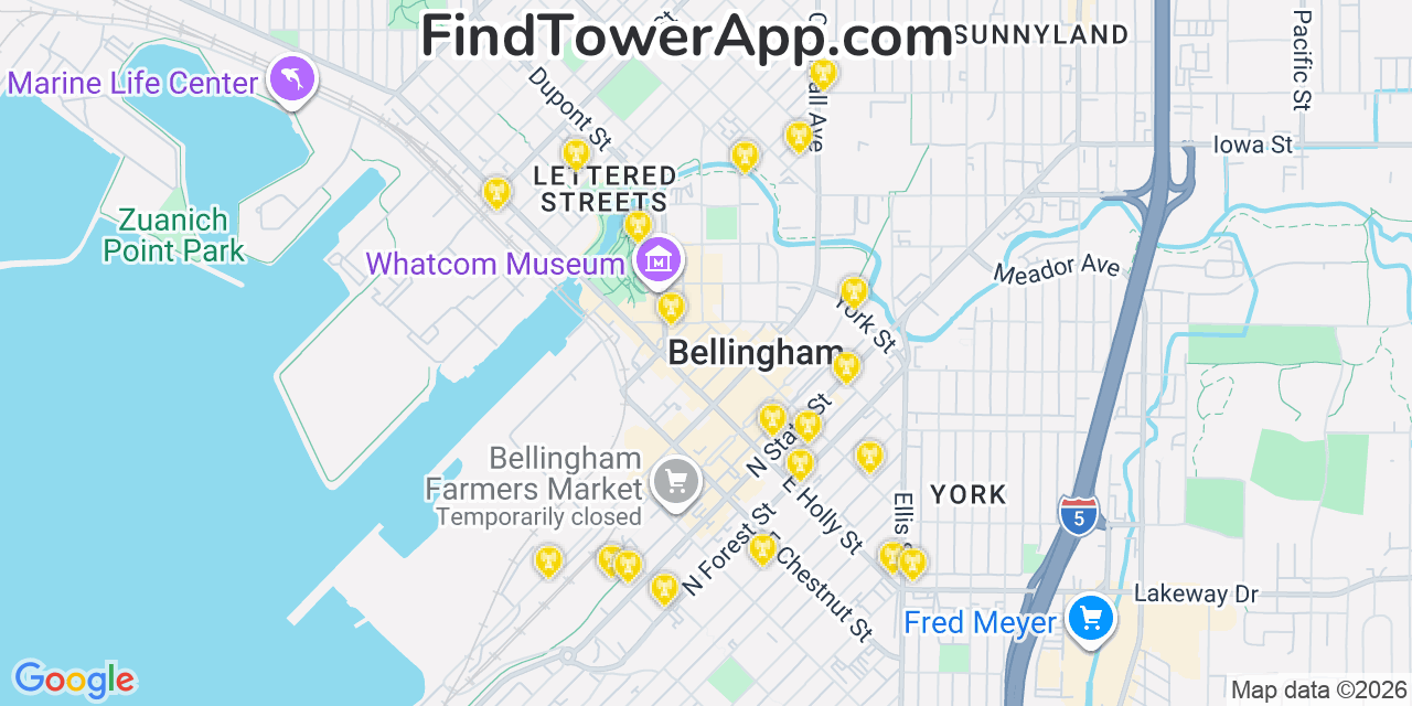 Map showing the 20 primary cell tower locations detected in Bellingham, Washington from AT&T, Verizon, and T-Mobile networks