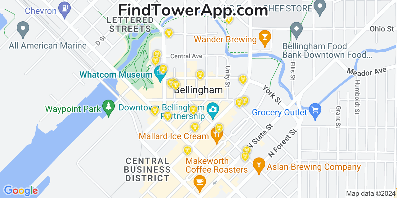 Verizon 4G/5G cell tower coverage map Bellingham, Washington