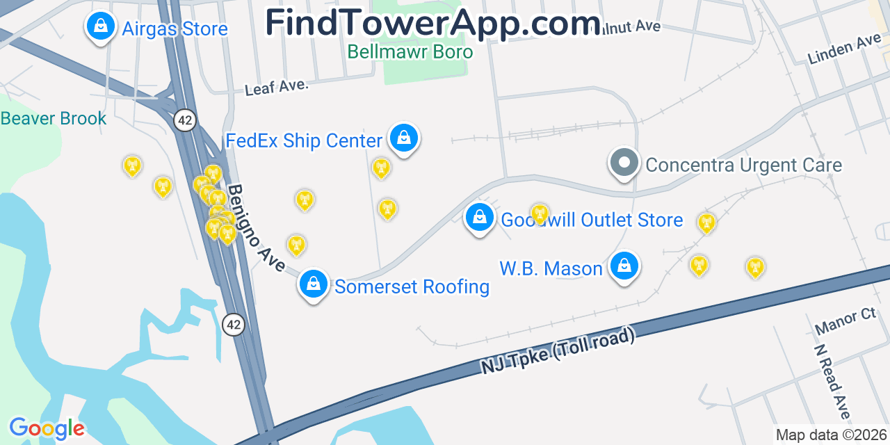Map showing the 20 primary cell tower locations detected in Bellmawr, New Jersey from AT&T, Verizon, and T-Mobile networks