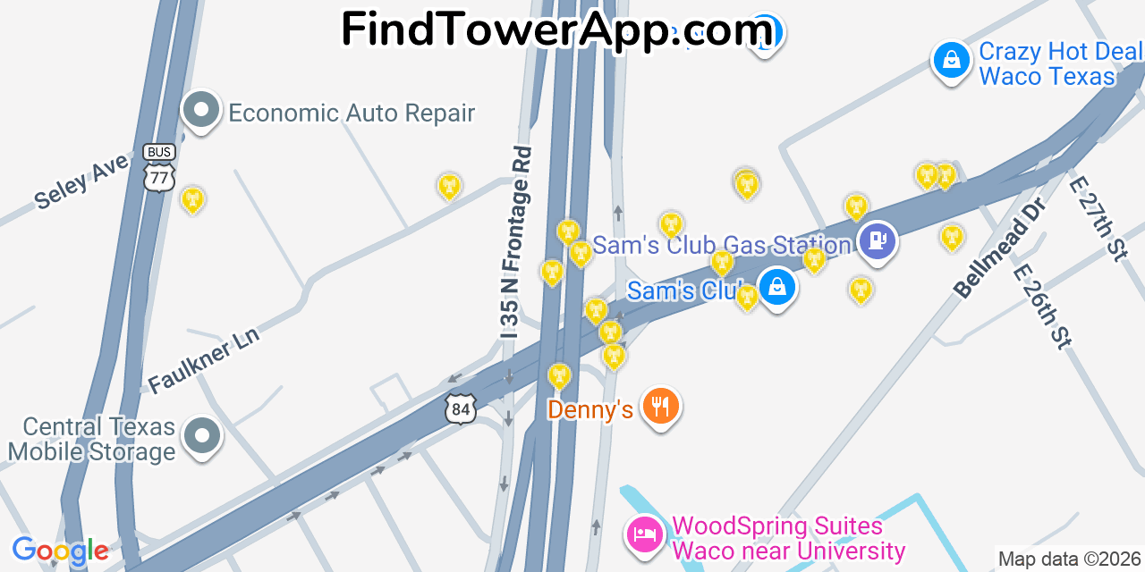 Map showing the 20 primary cell tower locations detected in Bellmead, Texas from AT&T, Verizon, and T-Mobile networks