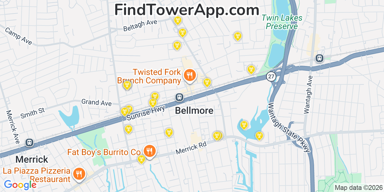 Map showing the 20 primary cell tower locations detected in Bellmore, New York from AT&T, Verizon, and T-Mobile networks