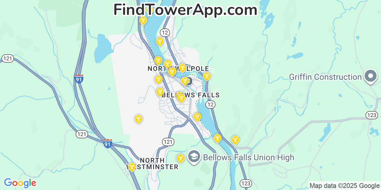 Map showing the 20 primary cell tower locations detected in Bellows Falls, Vermont from AT&T, Verizon, and T-Mobile networks