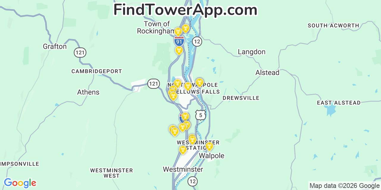 Map showing the 20 primary cell tower locations detected in Bellows Falls, Vermont from AT&T, Verizon, and T-Mobile networks