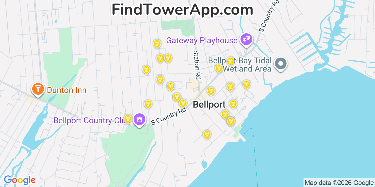 Map showing the 20 primary cell tower locations detected in Bellport, New York from AT&T, Verizon, and T-Mobile networks