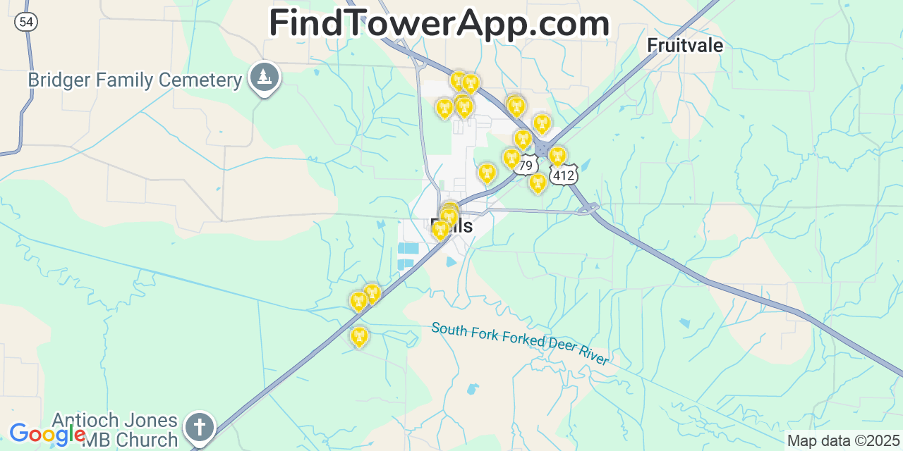 Map showing the 20 primary cell tower locations detected in Bells, Tennessee from AT&T, Verizon, and T-Mobile networks