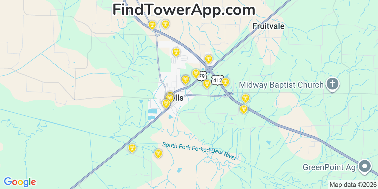 Map showing the 20 primary cell tower locations detected in Bells, Tennessee from AT&T, Verizon, and T-Mobile networks