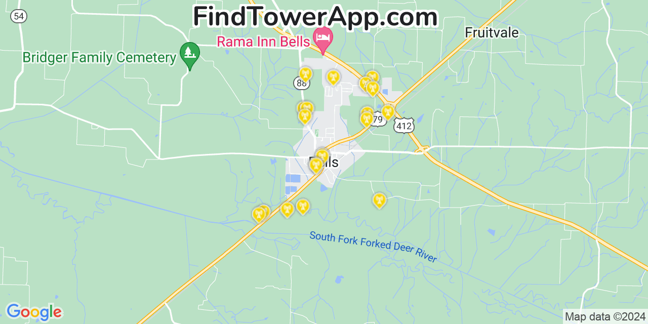 Verizon 4G/5G cell tower coverage map Bells, Tennessee