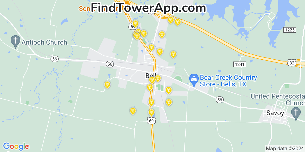 AT&T 4G/5G cell tower coverage map Bells, Texas
