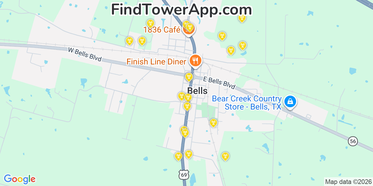 Map showing the 20 primary cell tower locations detected in Bells, Texas from AT&T, Verizon, and T-Mobile networks