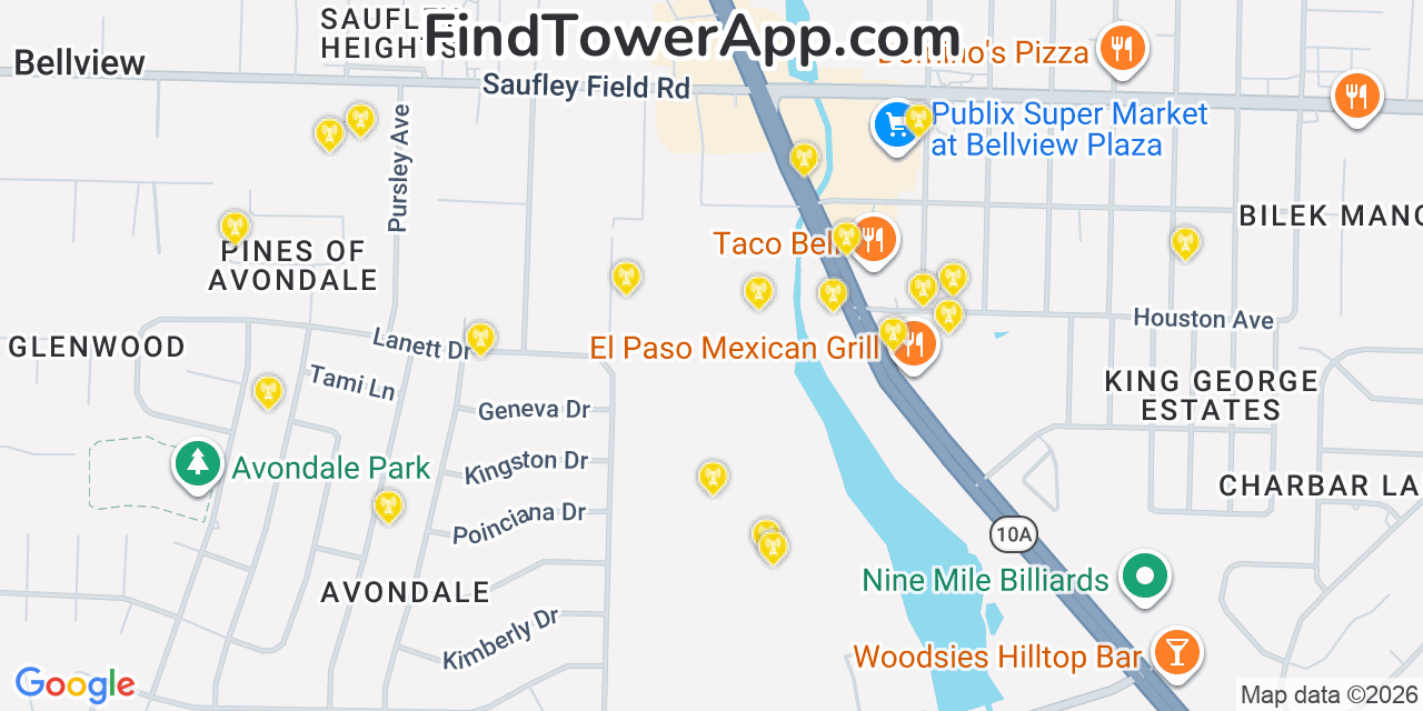 Map showing the 20 primary cell tower locations detected in Bellview, Florida from AT&T, Verizon, and T-Mobile networks