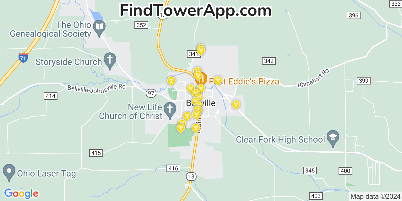 AT&T 4G/5G cell tower coverage map Bellville, Ohio