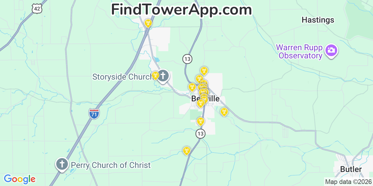 Map showing the 20 primary cell tower locations detected in Bellville, Ohio from AT&T, Verizon, and T-Mobile networks