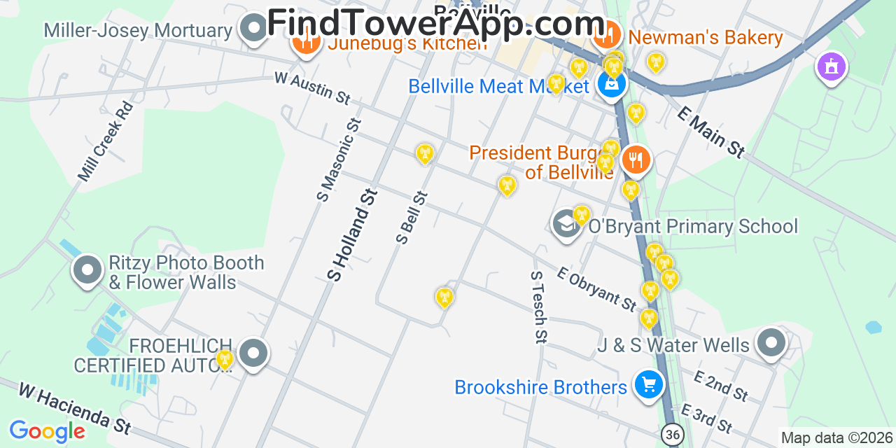 Map showing the 20 primary cell tower locations detected in Bellville, Texas from AT&T, Verizon, and T-Mobile networks