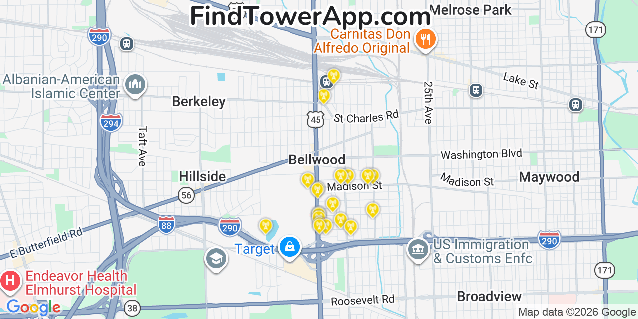 Map showing the 20 primary cell tower locations detected in Bellwood, Illinois from AT&T, Verizon, and T-Mobile networks
