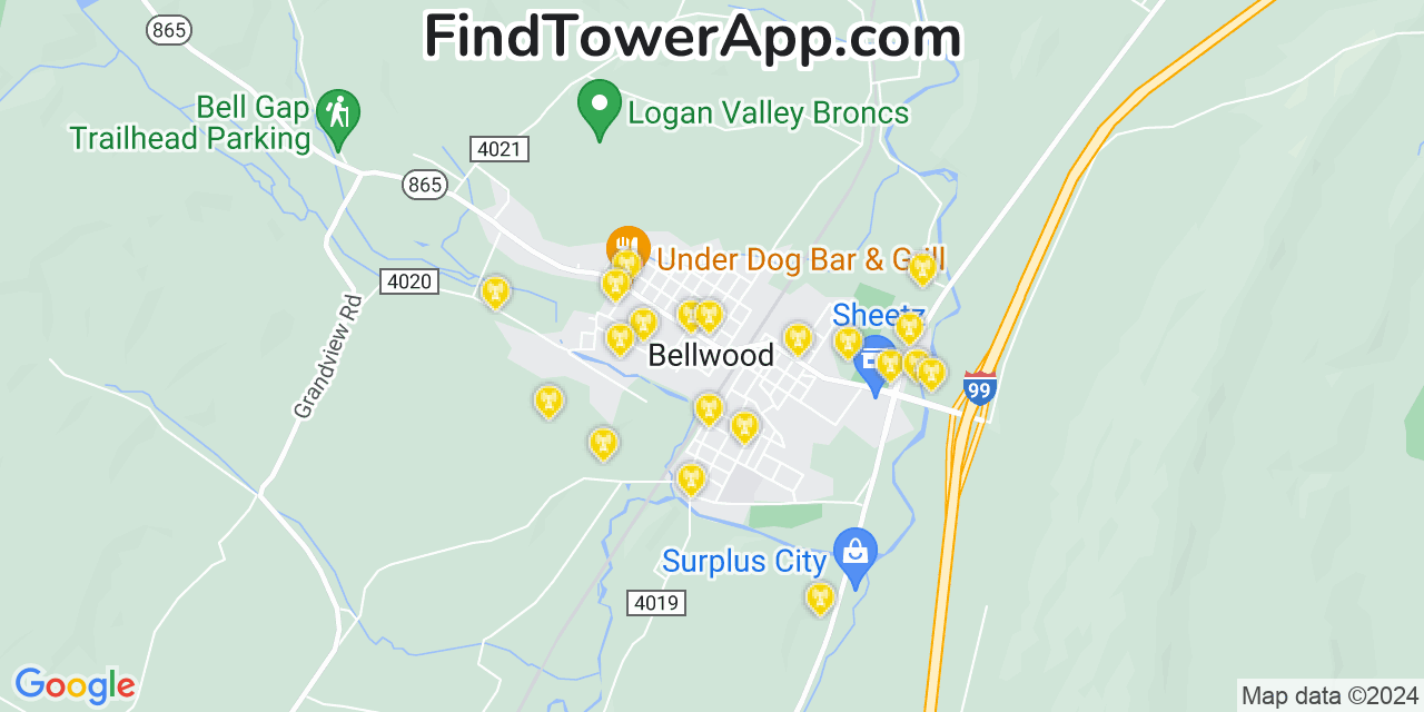 AT&T 4G/5G cell tower coverage map Bellwood, Pennsylvania